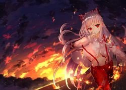 Rule 34 | 1girl, arm up, bandaid, bandaid on face, bow, burning clothes, commentary request, cowboy shot, dutch angle, embers, fire, fujiwara no mokou, hair bow, hair ribbon, hand on own chin, long hair, long sleeves, looking at viewer, midriff, navel, night, night sky, ofuda, outdoors, pants, parted lips, red eyes, red pants, ribbon, sakizaki saki-p, shirt, silver hair, sky, smile, smoke, solo, star (sky), starry sky, suspenders, touhou, tress ribbon, very long hair, white shirt