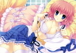 Rule 34 | 1girl, absurdres, blue eyes, bow, bow bra, bra, breasts, cleavage, frilled pillow, frills, highres, himezono risa, large breasts, lingerie, mitha, navel, open clothes, open mouth, open shirt, pillow, pink hair, pleated skirt, polka dot, ribbon, school uniform, shirt, short hair, skindentation, skirt, solo, thighhighs, underwear, white bra, white thighhighs, yuyukana, zettai ryouiki