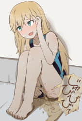 Rule 34 | 1girl, aqua eyes, ashibu, bare shoulders, barefoot, blonde hair, blue one-piece swimsuit, blush, clothing aside, collarbone, embarrassed, female focus, full body, gamers!, japanese text, knees up, long hair, looking to the side, nose blush, one-piece swimsuit, open mouth, peeing, peeing self, puddle, sitting, smile, solo, sweat, swimsuit, swimsuit aside, tendou karen, translation request, wavy mouth