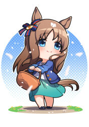 Rule 34 | 1girl, animal ears, basket, black footwear, blue cardigan, blue eyes, blue ribbon, bow, cardigan, chibi, closed mouth, ear ribbon, full body, grass wonder (umamusume), highres, holding, holding basket, horse ears, horse girl, horse tail, light brown hair, light smile, long sleeves, looking to the side, multicolored hair, no nose, open cardigan, open clothes, red ribbon, ribbon, shirt, skirt, standing, streaked hair, tail, two-tone ribbon, umamusume, warashi, white shirt