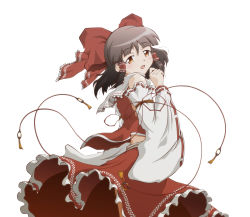 Rule 34 | 1girl, bow, brown eyes, brown hair, detached sleeves, female focus, frilled skirt, frills, hair bow, hair tubes, hakurei reimu, highres, japanese clothes, long skirt, looking at viewer, looking back, miko, os-hiro, print skirt, red skirt, ribbon, short hair, simple background, skirt, skirt set, smile, solo, touhou, white background, wide sleeves