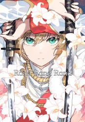 Rule 34 | 1girl, :|, absurdres, aiguillette, arms up, blonde hair, closed mouth, commentary, daiba nana, dual wielding, fingernails, flower, fur trim, gradient background, green eyes, grey background, hair between eyes, highres, holding, holding sword, holding weapon, jacket, katana, long sleeves, looking at viewer, oshiri seijin, pink background, red sash, sash, short hair, shoujo kageki revue starlight, shoulder sash, solo, sparkle, sword, upper body, v-shaped eyebrows, weapon, white flower, white jacket