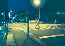 Rule 34 | 1girl, blue background, city, contemporary, crosswalk, night, outdoors, solo