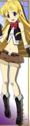 Rule 34 | 00s, 1girl, blonde hair, bow, bowtie, highres, lisa (seiken no blacksmith), long hair, long image, midriff, navel, pointy ears, purple eyes, seiken no blacksmith, solo, stitched, tall image, third-party edit