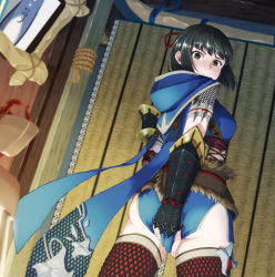 Rule 34 | 1girl, aoi mirin, armor, ass, black hair, blush, hair between eyes, hair ornament, headband, highres, japanese clothes, kamura (armor), looking at viewer, monster hunter (character), monster hunter (series), monster hunter rise, short hair, simple background, solo, thighhighs