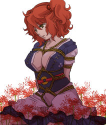 Rule 34 | 1girl, bad id, bad pixiv id, bdsm, bondage, bound, breasts, female focus, flower, green eyes, large breasts, onozuka komachi, red eyes, red hair, ririvery, rope, shibari, solo, spider lily, touhou, twintails, two side up