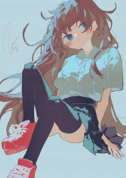 Rule 34 | 1girl, black skirt, black thighhighs, blue background, blue eyes, blush, closed mouth, collared shirt, commentary request, full body, highres, long hair, looking at viewer, orange hair, original, pleated skirt, potg (piotegu), red footwear, school uniform, shirt, shirt tucked in, shoes, short sleeves, signature, simple background, sitting, skirt, sneakers, solo, thighhighs, white shirt