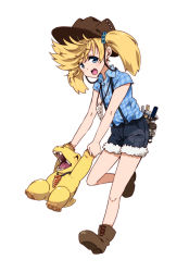 Rule 34 | 1girl, :d, blonde hair, blue eyes, closed eyes, denim, desmo, fang, full body, hat, highres, jeans, jewelry, long hair, looking at viewer, mizunami fossil museum, mizunami mio, necklace, open mouth, pants, shoes, shorts, simple background, smile, solo, takanashi ringo, tools, twintails, white background