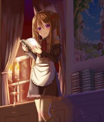 Rule 34 | 10s, 1girl, bad id, bad pixiv id, blush, book, brown hair, candle, curtains, detached sleeves, elf, holding, maid, maid headdress, myucel foalan, nine wangwang, outbreak company, pointy ears, purple eyes, ribbon, smile, solo, standing, twintails, window