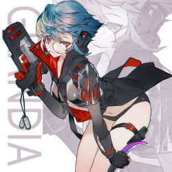 Rule 34 | 1girl, artist name, asymmetrical gloves, black gloves, black jacket, black panties, blue hair, closed mouth, commentary, cowboy shot, dog tags, fingerless gloves, glasses, gloves, grandia lee, grey eyes, gun, hand up, headphones, highres, holding, holding gun, holding knife, holding weapon, holster, jacket, knife, long sleeves, looking at viewer, mismatched gloves, navel, no pants, original, panties, red gloves, short hair, skindentation, solo, thigh holster, thigh strap, underwear, weapon, zoom layer