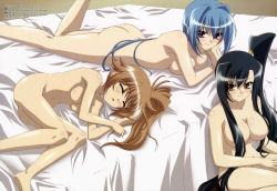 Rule 34 | 3girls, absurdres, ass, back, barefoot, batai, bed, black hair, blue hair, blush, body blush, breast press, breasts, brown hair, butt crack, censored, chouun, cleavage, closed eyes, completely nude, convenient censoring, feet, fetal position, flipped hair, groin, hair between eyes, hair censor, hair intakes, hair over breasts, head rest, high ponytail, highres, indoors, kan&#039;u (koihime musou), kikunaga chisato, kneepits, koihime musou, large breasts, leg up, legs, long hair, looking at viewer, lying, megami magazine, multiple girls, navel, non-web source, nude, official art, on side, on stomach, open mouth, ponytail, purple eyes, scan, shin koihime musou, side ponytail, sideboob, sidelocks, sitting, sleeping, smile, very long hair, wide hips, yellow eyes