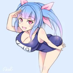 Rule 34 | 10s, 1girl, :d, ass, blue hair, breasts, cleavage, fang, gradient hair, hair ribbon, i-19 (kancolle), kantai collection, large breasts, leaning forward, long hair, looking at viewer, multicolored hair, name tag, noise (tsuzuki), open mouth, pink hair, red eyes, ribbon, salute, school swimsuit, simple background, smile, solo, star-shaped pupils, star (symbol), swimsuit, symbol-shaped pupils, thighs, twintails, two-tone hair