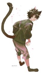 Rule 34 | 1boy, animal ears, animal feet, barefoot, black hair, cat boy, cat ears, cat tail, from behind, from side, full body, green pants, highres, japanese clothes, leaning forward, looking at viewer, looking back, male focus, open mouth, original, pants, petals, pink eyes, sakekasu (lofter), short hair, simple background, solo, standing, string, tail, white background