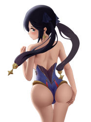 Rule 34 | 1girl, absurdres, artist request, ass, black hair, blush, embarrassed, from behind, genshin impact, green eyes, hair ornament, hair ribbon, hand on ass, highres, leotard, long hair, looking at viewer, looking back, mona (genshin impact), ribbon, shiny skin, solo, twintails, very long hair