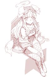 Rule 34 | 1girl, animal ears, blue archive, blush, collar, collarbone, dog ears, dog tail, fishnet pantyhose, fishnets, goggles, goggles on head, halo, hariyaa, hibiki (blue archive), highres, invisible chair, jacket, long hair, long sleeves, looking at viewer, monochrome, off shoulder, open clothes, open jacket, pantyhose, red theme, shirt, shoes, sidelocks, sitting, solo, tail