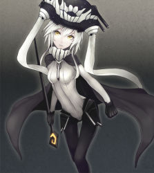 Rule 34 | 10s, 1girl, abyssal ship, bad id, bad pixiv id, black pantyhose, bodysuit, cape, gloves, hat, kantai collection, kyoeiki, long hair, pale skin, pantyhose, parted lips, scepter, skin tight, solo, tight clothes, white hair, wo-class aircraft carrier, yellow eyes