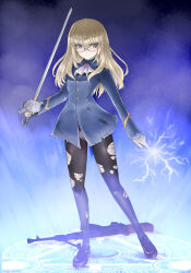 Rule 34 | 1girl, ascot, black pantyhose, blonde hair, blue background, expressionless, glasses, gun, highres, holding, holding sword, holding weapon, lightning, long hair, looking at viewer, magic circle, memory (prophet5), military uniform, panties, panties under pantyhose, pantyhose, perrine h. clostermann, rapier, rifle, solo, strike witches, sword, torn clothes, torn pantyhose, underwear, uniform, weapon, white ascot, world witches series, yellow eyes