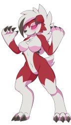 Rule 34 | 1girl, absurdres, animal ears, animal hands, breasts, claws, collarbone, colored sclera, creatures (company), deerrobin, dog ears, dog tail, feet, female focus, full body, furry, furry female, game freak, gen 7 pokemon, glowing, glowing eyes, half-closed eyes, hands up, highres, large breasts, looking at viewer, lycanroc, multicolored hair, navel, nintendo, no nipples, no pussy, pink eyes, pink sclera, pokemon, pokemon (creature), pokemon sm, sharp teeth, smile, solo, standing, tail, teeth, transparent background, two-tone hair, white hair