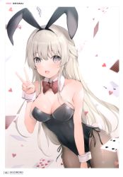 Rule 34 | 1girl, 6u (eternal land), absurdres, animal ears, bare shoulders, black leotard, blush, breasts, card, cleavage, collarbone, covered navel, detached collar, fake animal ears, fang, grey eyes, hand up, highres, leotard, long hair, looking at viewer, medium breasts, open mouth, original, page number, pantyhose, playboy bunny, rabbit tail, scan, shiny clothes, silver hair, simple background, solo, strapless, strapless leotard, tail, v, wrist cuffs