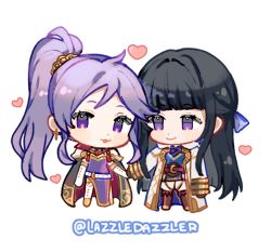 Rule 34 | 2girls, artist name, black hair, bow, cape, chibi, commission, commissioner upload, fire emblem, fire emblem: genealogy of the holy war, fire emblem heroes, hair bow, heart, holding, holding hands, ishtar (fire emblem), kiran (fire emblem), multiple girls, nintendo, original, pomme (lazzledazzle), purple eyes, purple hair, smile, twitter username