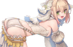 Rule 34 | 10s, 1girl, all fours, asarokuji, ass, bad id, bad pixiv id, bare shoulders, belt, blonde hair, blush, breasts, bridal veil, chain, commentary request, corset, detached sleeves, fate/extra, fate/extra ccc, fate (series), from behind, from side, green eyes, hair intakes, highres, looking at viewer, medium breasts, nero claudius (bride) (fate), nero claudius (bride) (second ascension) (fate), nero claudius (fate), nero claudius (fate) (all), open mouth, simple background, skirt, smile, solo, teeth, veil, white background