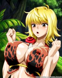 Rule 34 | 1girl, between breasts, blonde hair, breasts, cleavage, covered erect nipples, female focus, highres, large breasts, marguerite (one piece), nel-zel formula, one piece, open mouth, solo, swimsuit, text focus
