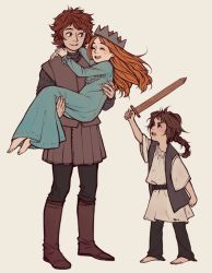 Rule 34 | 1boy, 2girls, a song of ice and fire, arya stark, barefoot, blue eyes, braid, brother and sister, brown hair, child, crown, dress, family, game of thrones, multiple girls, orange hair, ponytail, robb stark, sansa stark, shie (517151), short hair, siblings, sisters, smile, toy sword, aged down