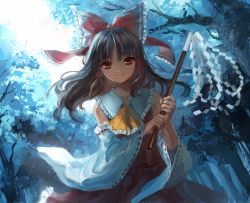 Rule 34 | 1girl, ascot, bad id, bad pixiv id, bow, brown eyes, brown hair, detached sleeves, forest, gohei, hair bow, hair tubes, hakurei reimu, holding, japanese clothes, long hair, long sleeves, looking at viewer, matching hair/eyes, miko, nature, nontraditional miko, oonusa, outdoors, red bow, red skirt, ribbon-trimmed sleeves, ribbon trim, skirt, skirt set, smile, solo, sunlight, touhou, tree, tyokopai911, wide sleeves, yellow ascot