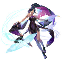 Rule 34 | 1girl, :d, absurdres, bird, black hair, blunt bangs, breasts, dark-skinned female, dark skin, dress, fingerless gloves, gloves, gold trim, highres, large breasts, light trail, looking at viewer, multicolored hair, nadereh (pso2ngs), official art, open mouth, phantasy star, phantasy star online 2, phantasy star online 2 new genesis, pink hair, ponytail, sandals, smile, solo, standing, tan, thighs, trail, white background