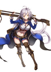 Rule 34 | &gt;:), 10s, 1girl, ahoge, bad id, bad pixiv id, blue skirt, braid, breasts, brown footwear, cape, cleavage, full body, granblue fantasy, gun, hair between eyes, kyoeiki, large breasts, leaning forward, long hair, looking at viewer, midriff, miniskirt, over shoulder, rifle, silva (granblue fantasy), silver hair, skirt, smile, sniper rifle, solo, twin braids, v-shaped eyebrows, very long hair, wavy hair, weapon, weapon over shoulder, yellow eyes