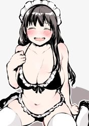 Rule 34 | 1girl, bikini, blush, breasts, brown hair, cleavage, curvy, closed eyes, frilled bikini, frills, large breasts, long hair, maid headdress, open mouth, original, plump, sitting, sketch, smile, solo, swimsuit, thighhighs, uekan, white thighhighs