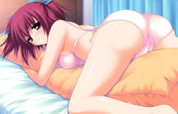 Rule 34 | 1girl, absurdres, ass, bed, blush, bra, breasts, brown eyes, foreshortening, fumio (ura fmo), highres, hoshiuta, hug, kuroda yui, large breasts, lingerie, long legs, hugging object, panties, pillow, pillow hug, red hair, ribbon, solo, source request, twintails, underwear, underwear only