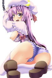 Rule 34 | 1girl, ass, bdsm, bondage, bound, bow, breasts, brown eyes, chain, crescent, from behind, hat, highres, large breasts, long hair, nipples, open mouth, pamunosu, panties, patchouli knowledge, purple hair, shoes, solo, striped clothes, striped panties, tears, thighhighs, thighs, touhou, underwear, white background