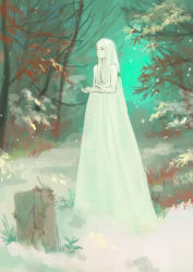 Rule 34 | 1girl, absurdres, arms up, commentary request, dress, closed eyes, forest, highres, long hair, nature, original, outdoors, solo, standing, tree, turquoise iro, white dress, white hair
