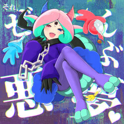 Rule 34 | :d, absurdres, aqua hair, blue eyes, chain, character request, collar, commentary request, crossed legs, dress, fang, full body, hand up, heterochromia, highres, horns, looking at viewer, multicolored hair, open mouth, pantyhose, pink hair, pop&#039;n music, purple dress, purple pantyhose, red eyes, smile, tail, temari rin, text background, third eye, translation request, two-tone hair