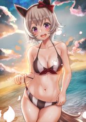 Rule 34 | 1girl, absurdres, animal ears, beach, bikini, blush, breasts, cleavage, collarbone, commentary request, curren chan (umamusume), hair ribbon, headband, highres, horse ears, horse girl, horse tail, medium breasts, navel, open mouth, ribbon, short hair, sky, solo, sunset, swimsuit, tail, umamusume, yami anko