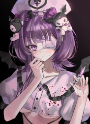 Rule 34 | 1girl, bat wings, blood, blood on clothes, blunt bangs, blush, bow, breasts, buttons, closed mouth, clothing cutout, collarbone, commission, crop top, ear piercing, eyepatch, frilled shirt, frills, hair ornament, hands up, hat, highres, holding, holding needle, kuromi, looking at viewer, mell (dmwe3537), mole, mole under mouth, needle, nurse cap, original, piercing, puffy short sleeves, puffy sleeves, purple eyes, purple hair, shirt, short hair, short sleeves, sidelocks, small breasts, solo, sweatdrop, underboob cutout, upper body, v-shaped eyebrows, wings