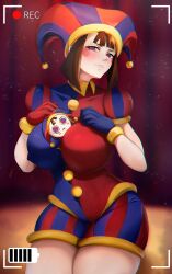 Rule 34 | 1girl, absurdres, belkaderry, breasts, character plush, glitch productions, gloves, hat, highres, huge breasts, jester, jester cap, multicolored eyes, object between breasts, pomni (the amazing digital circus), short hair, the amazing digital circus