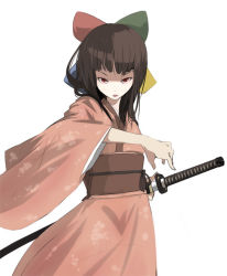 Rule 34 | 1girl, 95-tan, aki toshi, bow, brown hair, japanese clothes, katana, kimono, os-tan, pink kimono, red eyes, solo, sword, weapon, yukata