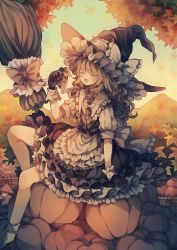 Rule 34 | 1girl, apple, apron, arm support, arm up, autumn, autumn leaves, bad id, bad pixiv id, basket, black gloves, black skirt, black vest, blonde hair, blouse, bobby socks, braid, broom, curly hair, day, closed eyes, food, frilled skirt, frills, fruit, gloves, grapes, hair ribbon, hat, hat ribbon, highres, holding, holding food, holding fruit, kirisame marisa, leaf, leg up, long hair, maple leaf, mountain, mushroom, namakuby, open mouth, outdoors, petticoat, puffy short sleeves, puffy sleeves, pumpkin, ribbon, shirt, short sleeves, single braid, sitting, skirt, socks, solo, touhou, tress ribbon, vest, waist apron, wavy hair, white shirt, white socks, witch hat, wrist cuffs