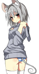 Rule 34 | 1girl, alternate costume, animal ears, ass, colorized, dress shirt, greatmosu, grey hair, highres, hood, hoodie, long sleeves, looking at viewer, looking back, mouse ears, mouse tail, nazrin, panties, red eyes, shirt, short hair, simple background, sketch, smile, solo, striped clothes, striped panties, tail, thighhighs, touhou, underwear, white background, white thighhighs