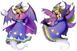 Rule 34 | 1girl, blue dress, bow, cape, demon wings, dress, full body, ghost tail, green eyes, green hair, hat, highres, long hair, long sleeves, mima (touhou), moonywitcher, multiple views, open mouth, purple bow, simple background, smile, spirit, star (symbol), star print, story of eastern wonderland, touhou, touhou (pc-98), wand, weapon, white background, wings, yellow bow
