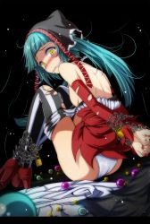 Rule 34 | 1girl, absurdres, arms behind back, ass, bdsm, black background, blue hair, blurry, blush, bondage, bound, breasts, chain, depth of field, detached sleeves, hatsune miku, high heels, highres, hood, long hair, looking at viewer, nail polish, panties, project diva (series), red footwear, red nails, restrained, sideboob, sitting, small breasts, solo, striped clothes, striped thighhighs, tears, thighhighs, topless, torn clothes, torn sleeves, torn thighhighs, tsukishiro saika, twintails, underwear, vertical-striped clothes, vertical-striped thighhighs, vocaloid, white panties, yellow eyes