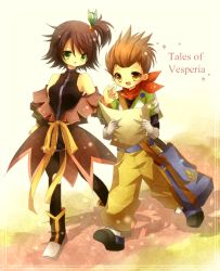 Rule 34 | 00s, 1boy, 1girl, bag, bare shoulders, belt, boots, breasts, brown eyes, brown hair, copyright name, feathers, gloves, green eyes, jewelry, karol capel, nan (tales), open mouth, pants, pantyhose, paper, scarf, shoes, short hair, tales of (series), tales of vesperia, topknot