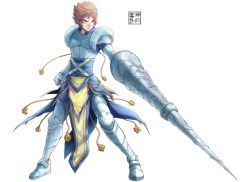 Rule 34 | 1boy, armor, brown hair, eudetenis, full armor, full body, gauntlets, greaves, green eyes, lance, male focus, polearm, project ap, short hair, shoulder pads, simple background, solo, tassel, weapon, white background