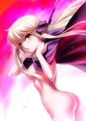 Rule 34 | 10s, 1girl, :o, ass, blonde hair, blush, breasts, brooch, brown eyes, cape, cowboy shot, floating hair, from side, gem, hair censor, hair ribbon, jewelry, long hair, looking at viewer, looking to the side, naked cape, parted lips, pink background, purple ribbon, rewrite, ribbon, blue gemstone, senri akane, sideboob, sidelocks, simple background, small breasts, solo, standing, tareme, very long hair, wind, wind lift, zen