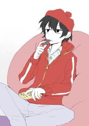 Rule 34 | 10s, 1boy, 871 (hatarakanai saibou), black eyes, black hair, content rating, controller, cookie, flat color, food, hat, hatarakanai saibou, hataraku saibou, highres, jacket, male focus, pants, red hat, remote control, simple background, sitting, solo, sweatpants, track jacket, white background