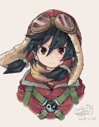 Rule 34 | 1girl, alternate costume, aoi kujira, beige background, black hair, closed mouth, commentary request, cropped torso, dated, expressionless, goggles, goggles on head, hair between eyes, hair tubes, hakurei reimu, jacket, long hair, looking at viewer, pilot helmet, red eyes, red jacket, scarf, sidelocks, signature, simple background, solo, touhou, upper body, yin yang