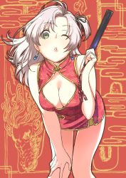 Rule 34 | 10s, 1girl, absurdres, alternate costume, bad id, bad twitter id, breasts, china dress, chinese clothes, cleavage, cleavage cutout, clothing cutout, dress, earrings, folded fan, folding fan, green eyes, hand fan, hand on own thigh, hand on thigh, highres, holding, holding fan, jewelry, kantai collection, kinugasa (kancolle), large breasts, leaning forward, long hair, one eye closed, parted lips, pink hair, side ponytail, sleeveless, sleeveless dress, solo, uyama hajime