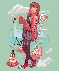 Rule 34 | 1girl, arm at side, brown eyes, brown hair, brown pantyhose, closed mouth, clothing cutout, cloud, colored inner hair, denim, denim shorts, earrings, food, full body, hand up, highres, jewelry, long hair, looking at viewer, melting, multicolored hair, original, pantyhose, popsicle, red footwear, red hair, road sign, ron3emon, shirt tucked in, shoes, shorts, shoulder cutout, sign, sneakers, solo, standing, sweater, traffic cone